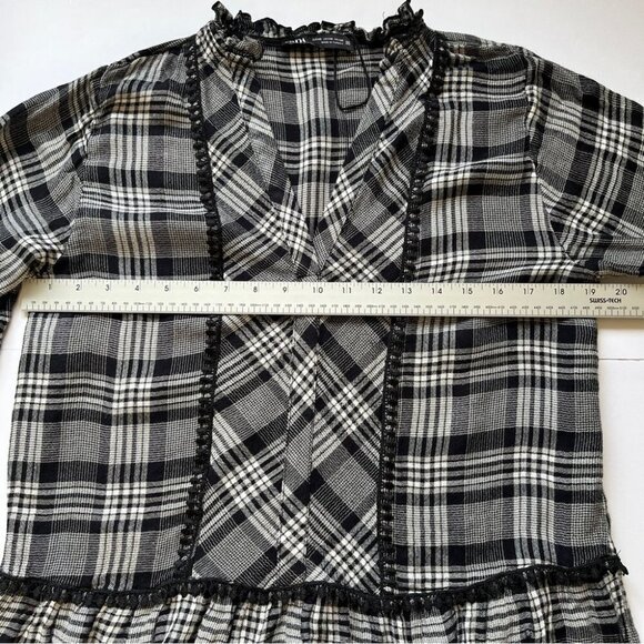 Zara Plaid Checkered Top Blouse Dress Tunic Embroidered Lettuce V Neck Hem Sz XS - Picture 8 of 16